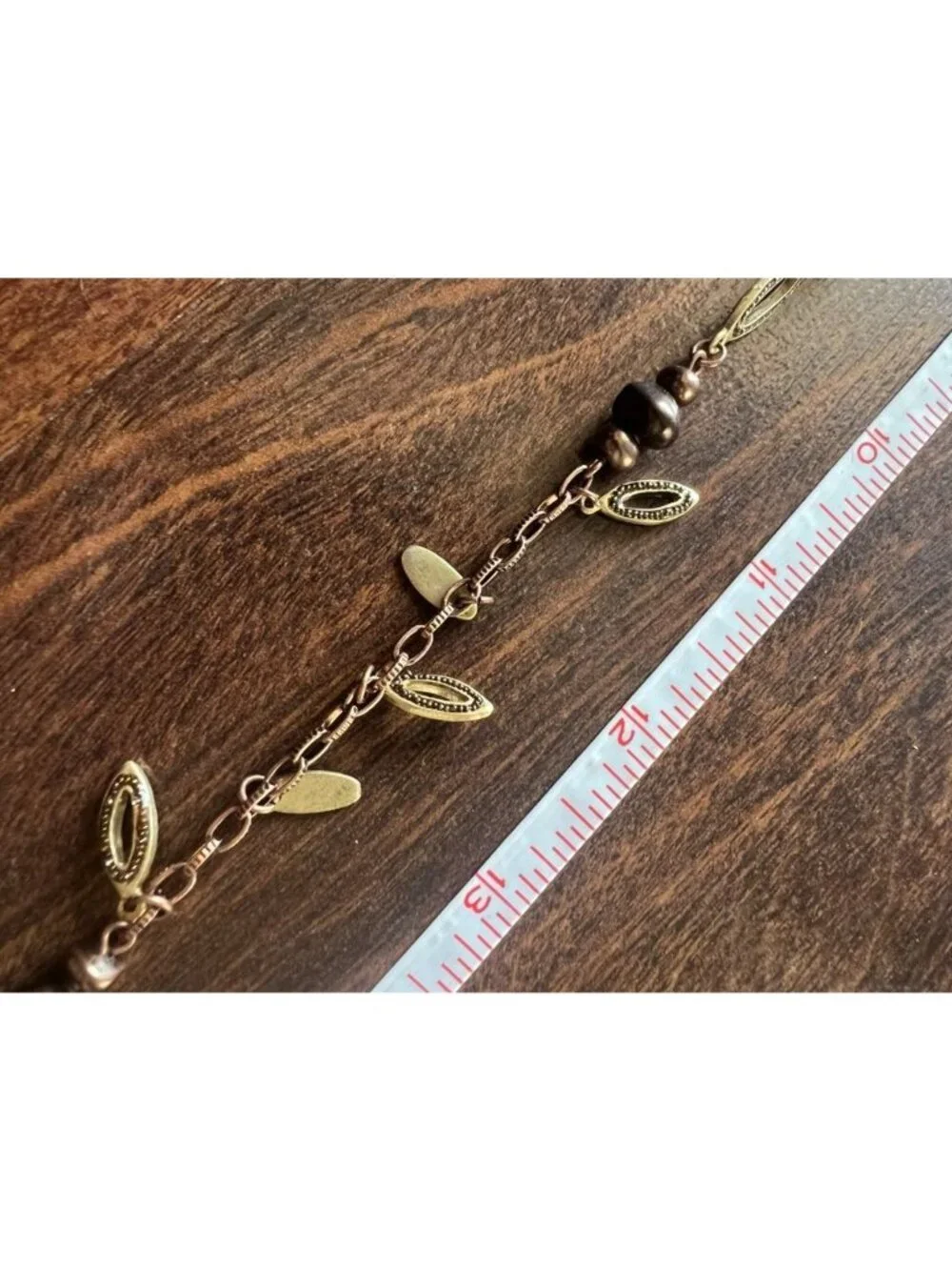 Vintage Coldwater Creek Necklace Wood Bead Brass Filigree Leaf Charm